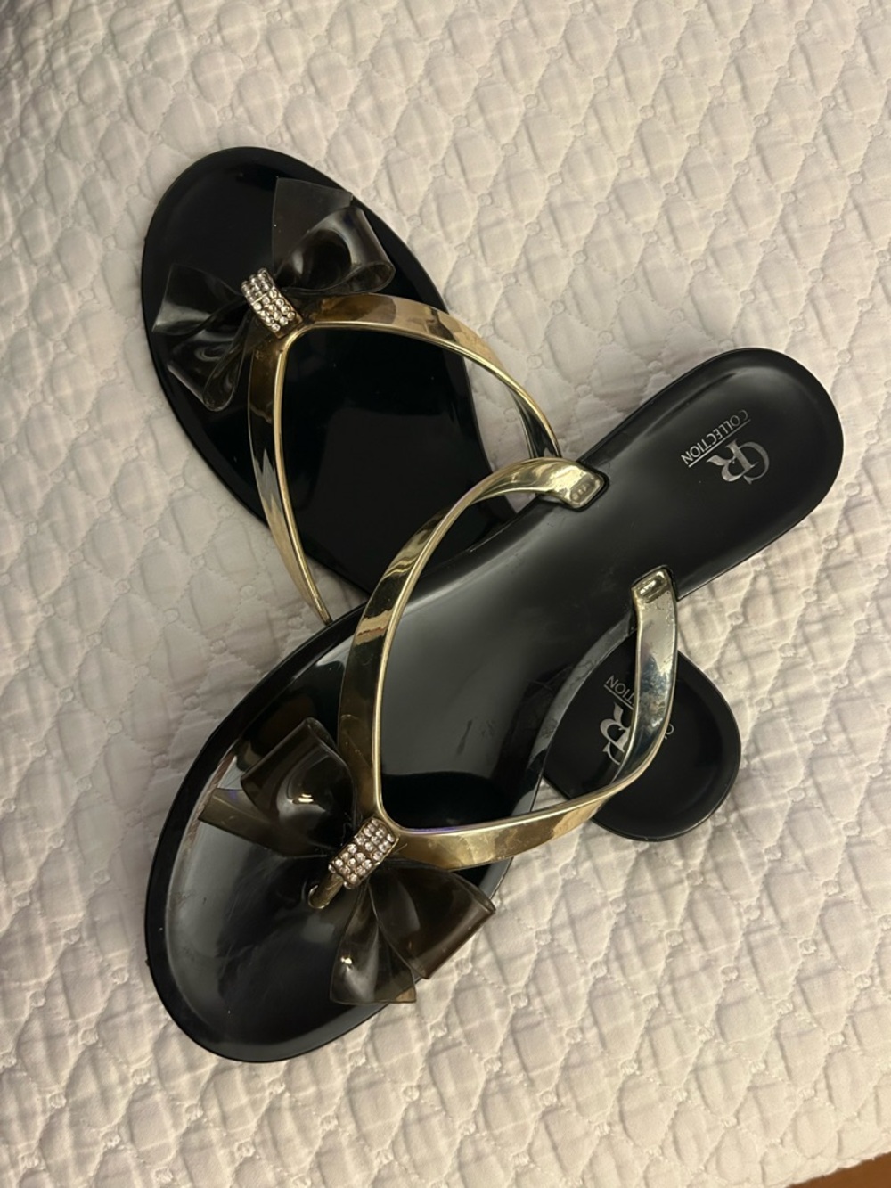 CR Collection Black Jelly Sandals with Gold Straps & rhinestones - Picture 5 of 16